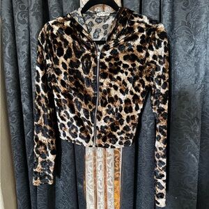 Bear Dance Animal Print Zip-Up cropped sweater